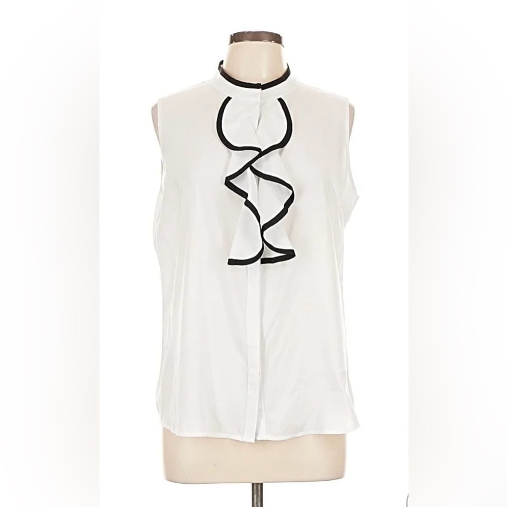 Calvin Klein White Blouse with Black Ruffle Trim